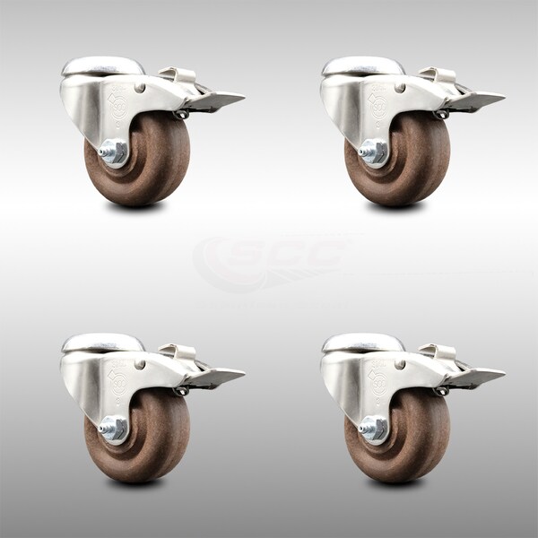 3 Inch 316SS High Temp Glass Filled Nylon Bolt Hole Caster Set with Lock Brake